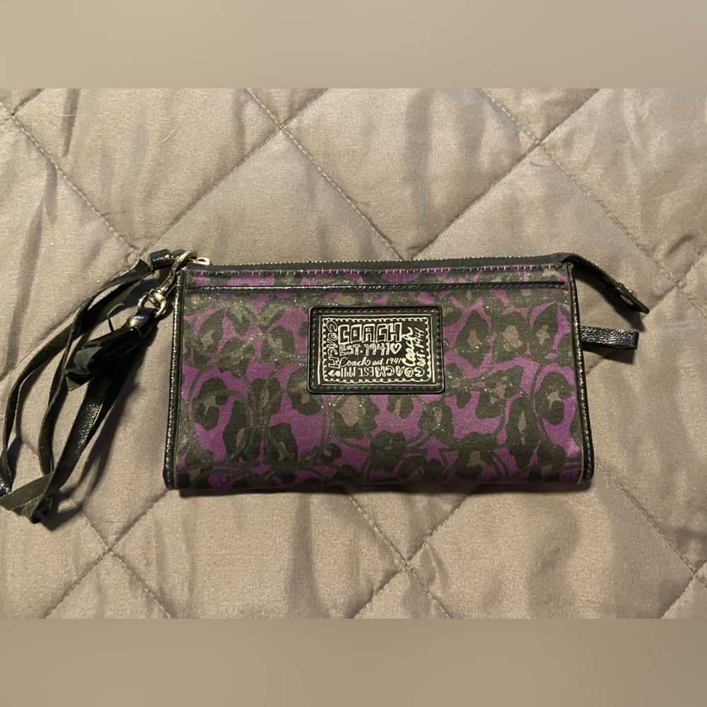 Purple and black cheetah coach wallet